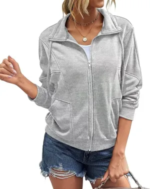INFITTY Womens Long Sleeve Jacket Full Zip Up Stand Collar with Pockets Casual Batwing Lightweight Sweatshirts