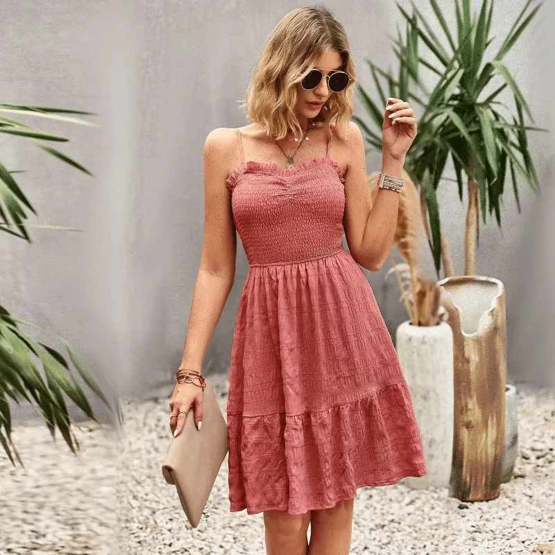 INS Style Solid Color A-line Spaghetti Strap Women's Dress