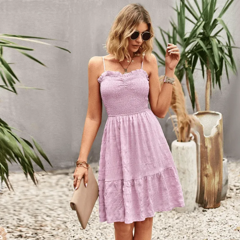 INS Style Solid Color A-line Spaghetti Strap Women's Dress