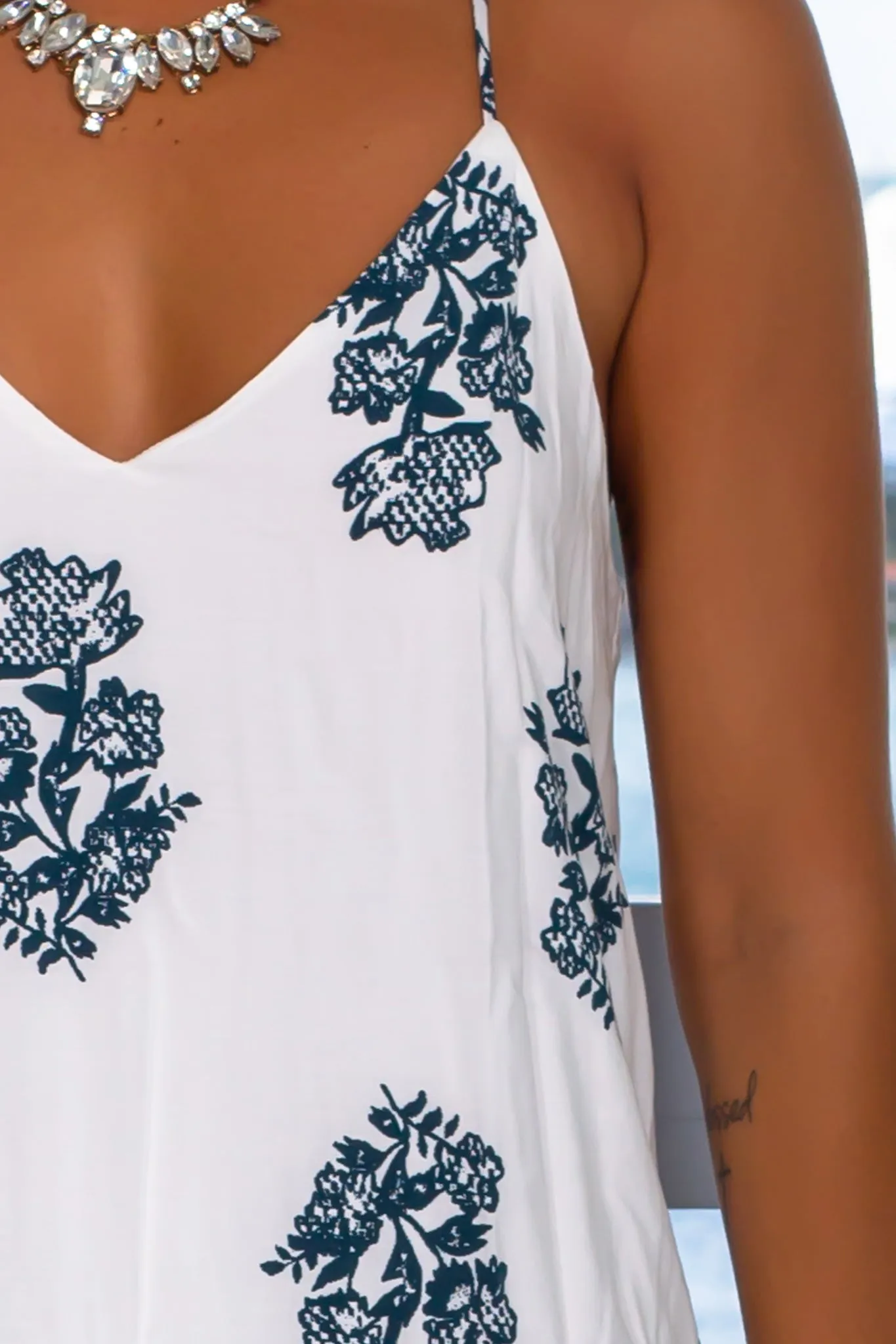 Ivory and Teal Printed Short Dress