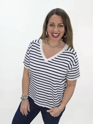 IVORY/NAVY STRIPED V NECK SHORT SLEEVE KNIT TOP