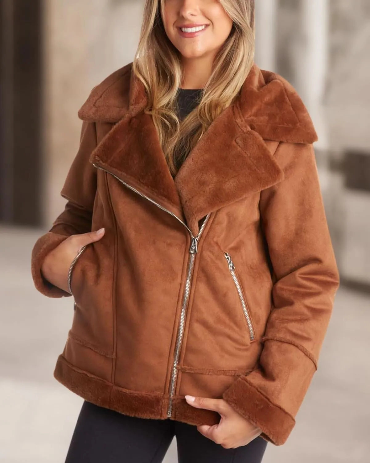 Jessica Simpson Women's Winter Coat - Faux Suede Leather Shearling Moto Jacket - Sherpa Aviator Bomber Jacket for Women, S-XL