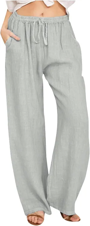 JiXiang Women Linen Pants Summer Wide Leg Casual Loose Drawstring High Waist Palazzo Pants Trousers with Pockets