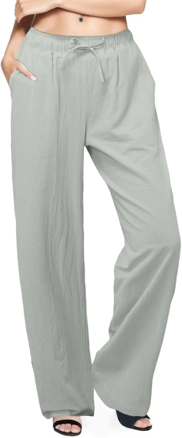 JiXiang Women Linen Pants Summer Wide Leg Casual Loose Drawstring High Waist Palazzo Pants Trousers with Pockets