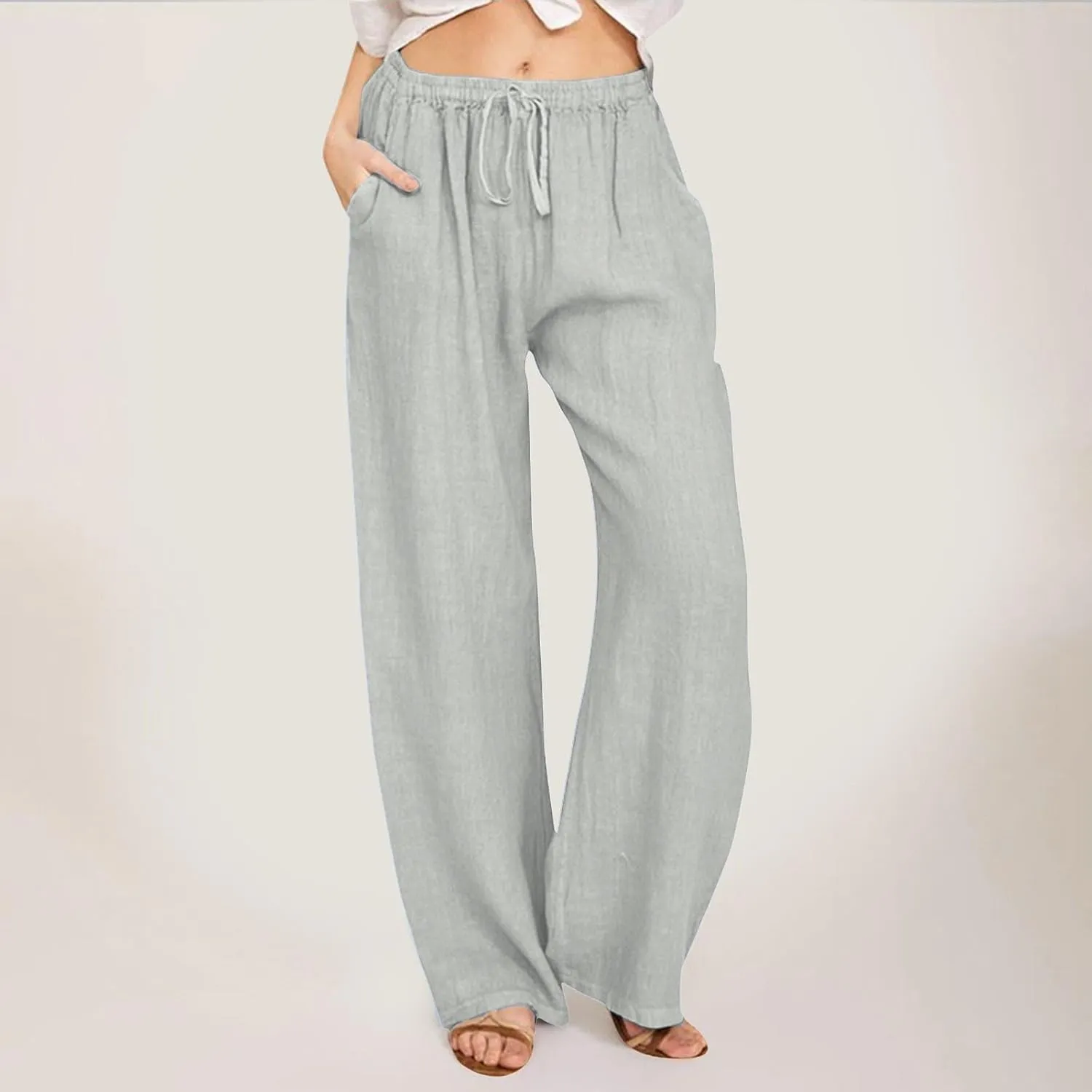 JiXiang Women Linen Pants Summer Wide Leg Casual Loose Drawstring High Waist Palazzo Pants Trousers with Pockets
