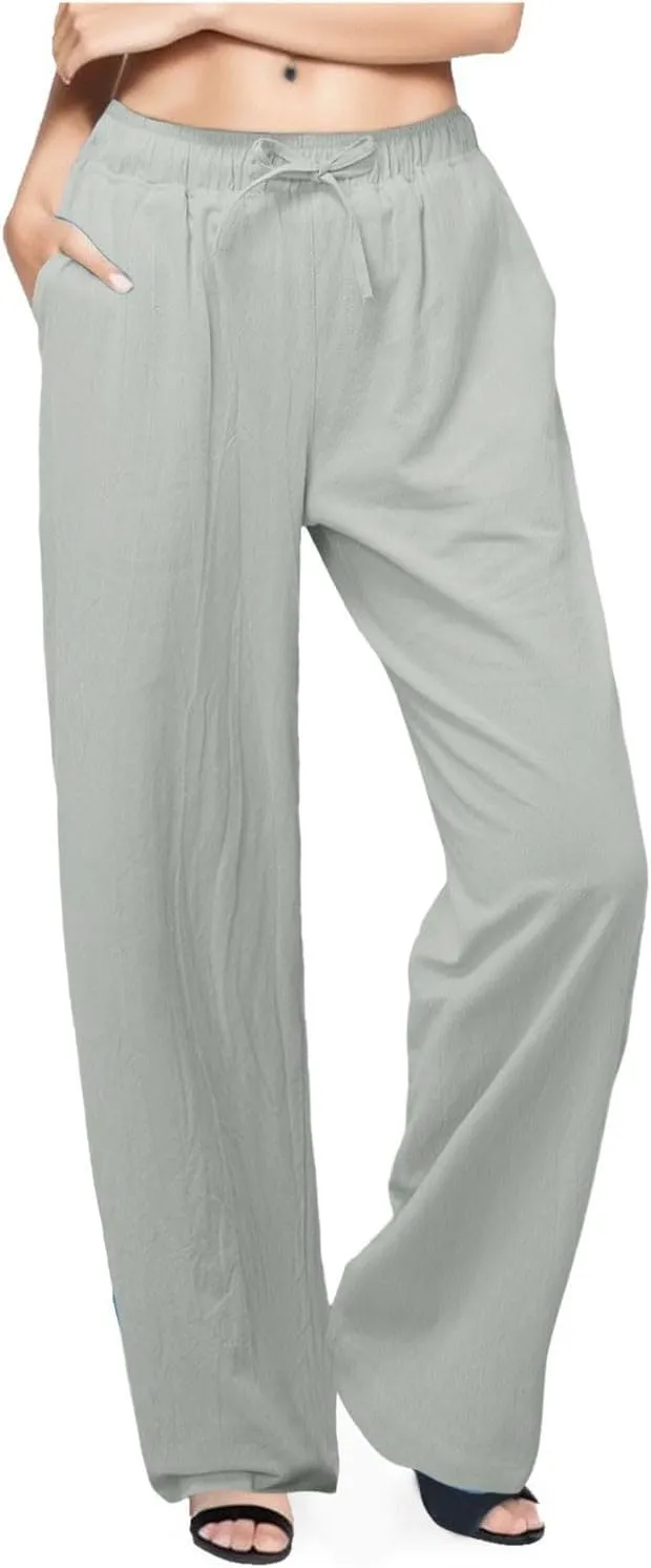 JiXiang Women Linen Pants Summer Wide Leg Casual Loose Drawstring High Waist Palazzo Pants Trousers with Pockets