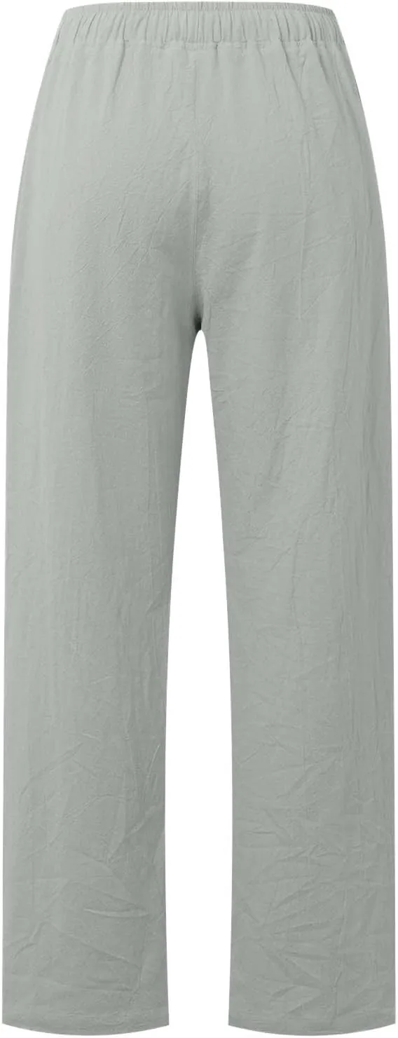 JiXiang Women Linen Pants Summer Wide Leg Casual Loose Drawstring High Waist Palazzo Pants Trousers with Pockets