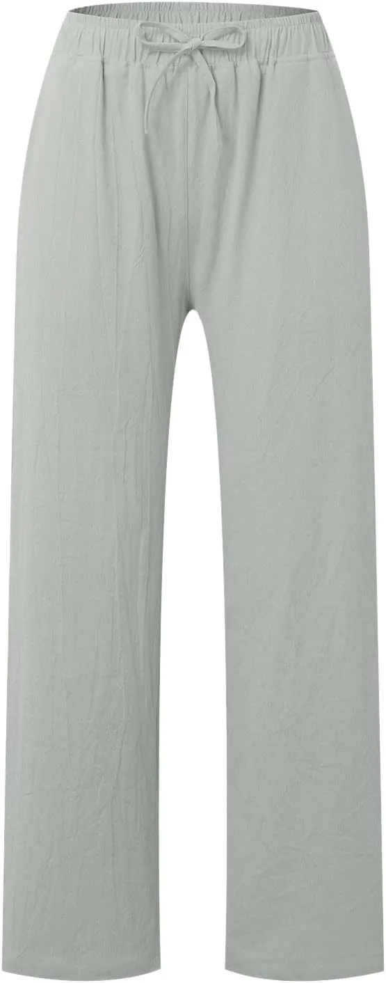 JiXiang Women Linen Pants Summer Wide Leg Casual Loose Drawstring High Waist Palazzo Pants Trousers with Pockets
