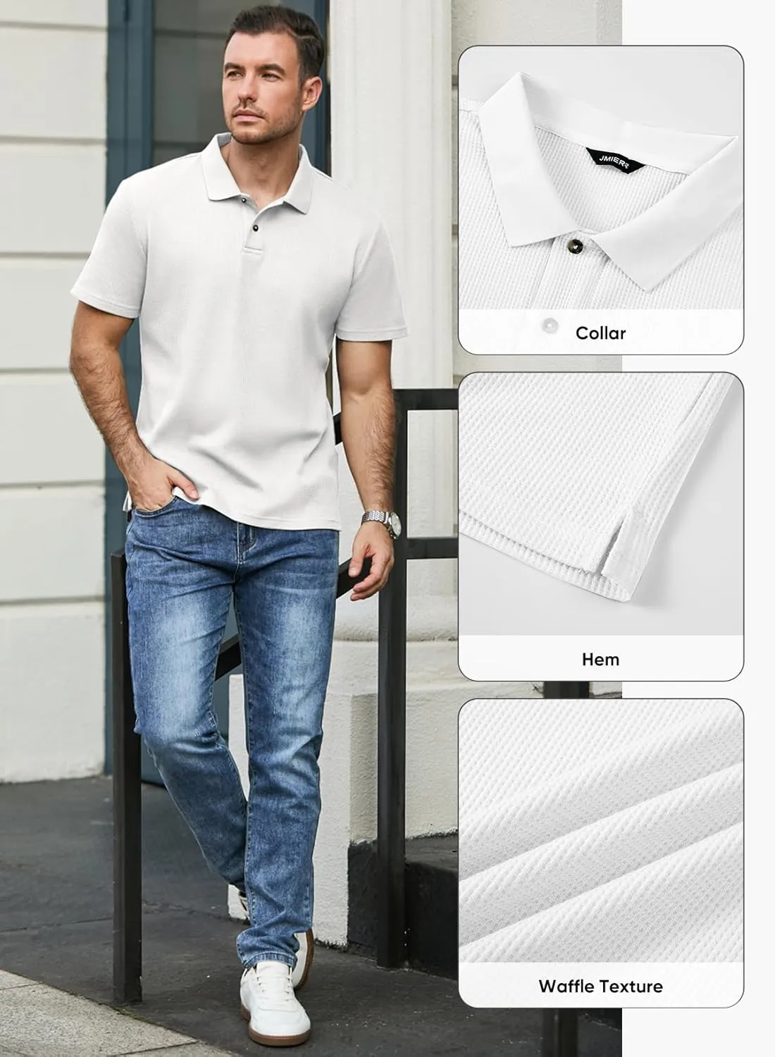 JMIERR Men's Waffle Polo Shirts Summer Casual Short Sleeve T-Shirt Button Up Solid Color Henley Shirts