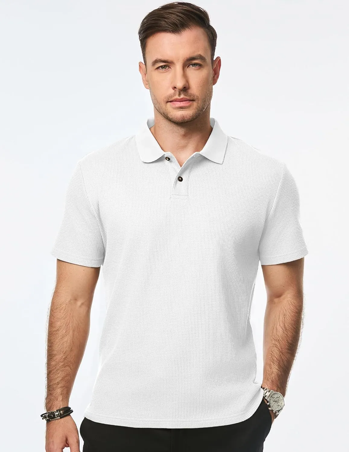 JMIERR Men's Waffle Polo Shirts Summer Casual Short Sleeve T-Shirt Button Up Solid Color Henley Shirts