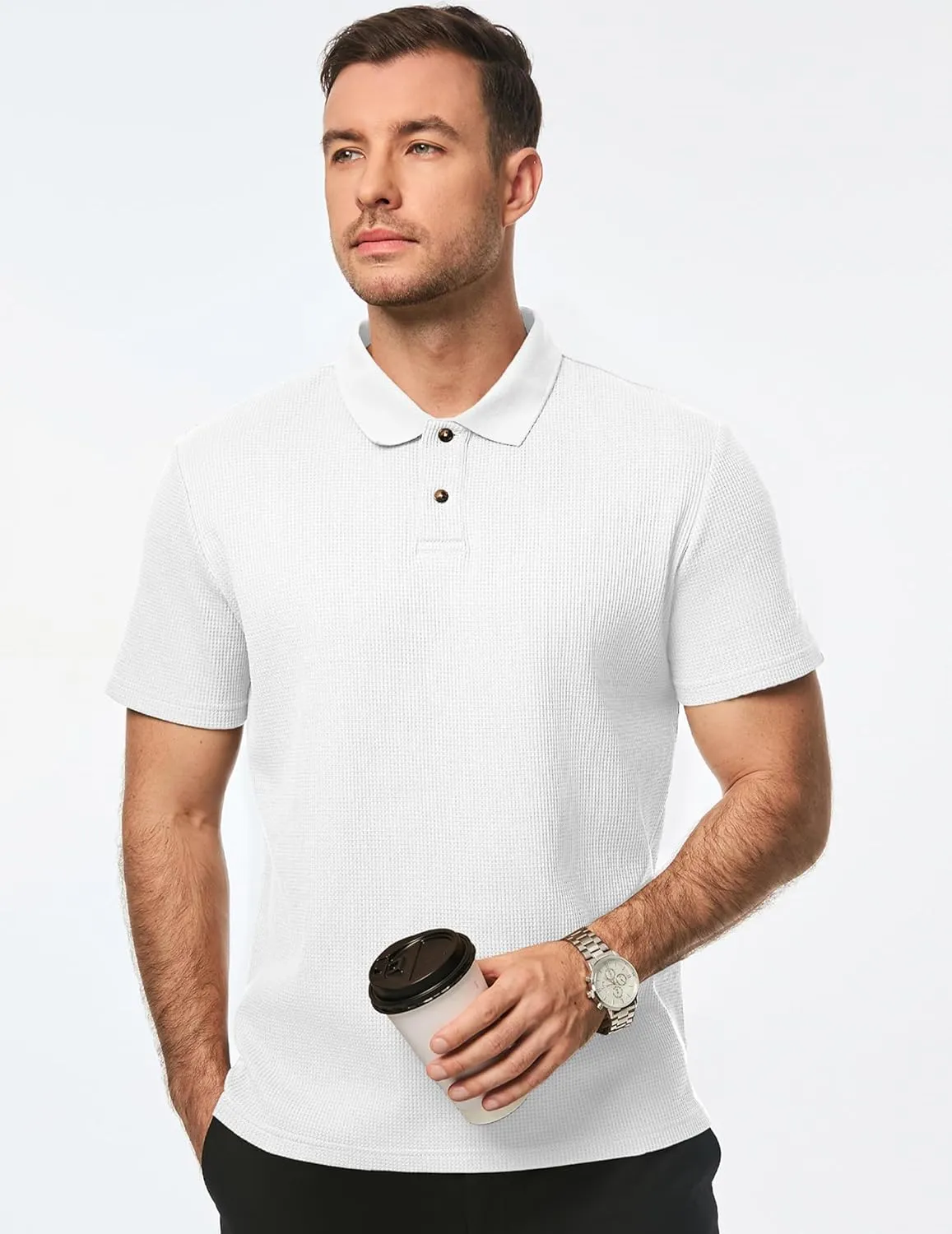 JMIERR Men's Waffle Polo Shirts Summer Casual Short Sleeve T-Shirt Button Up Solid Color Henley Shirts