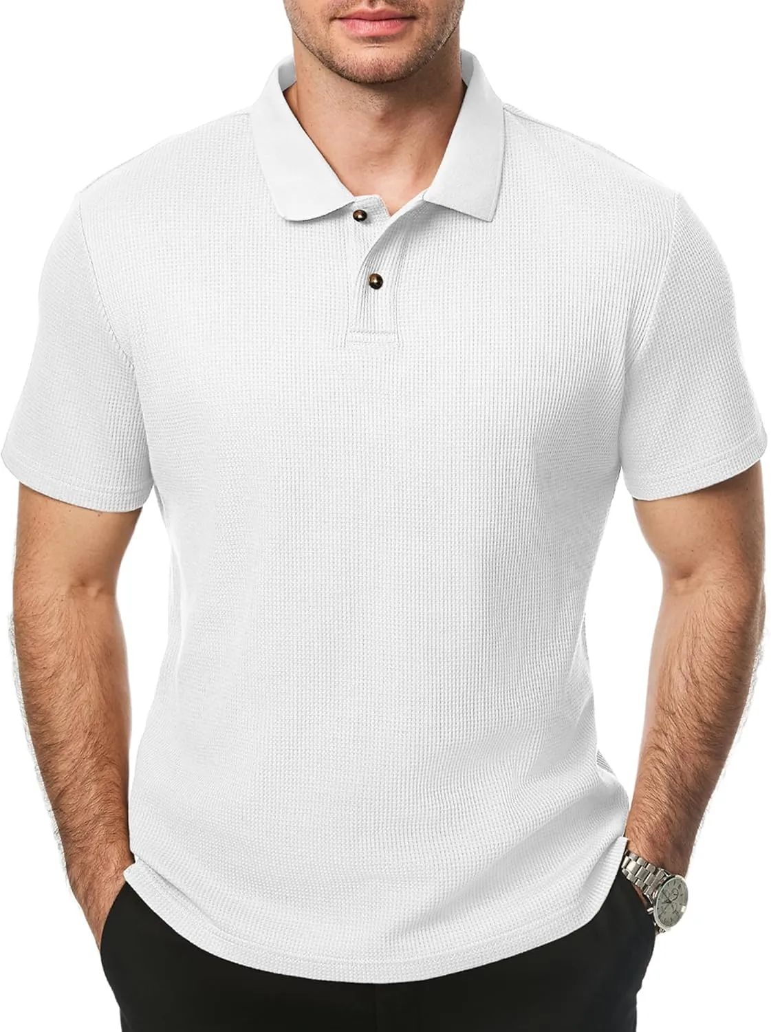 JMIERR Men's Waffle Polo Shirts Summer Casual Short Sleeve T-Shirt Button Up Solid Color Henley Shirts