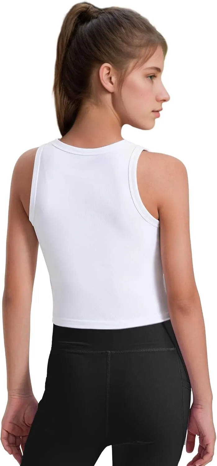 JOCMIC 2 Pack Girls Tank Tops Kids Athletic Tanks Basic Ribbed Knit Crew Neck Cropped Tops for Sports Yoga