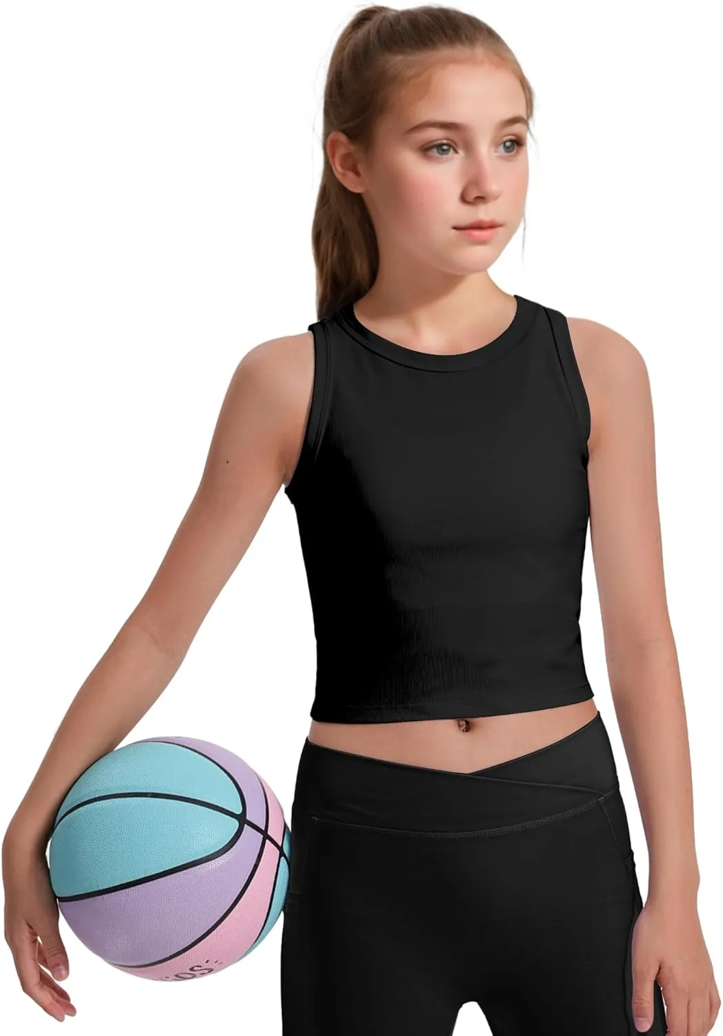 JOCMIC 2 Pack Girls Tank Tops Kids Athletic Tanks Basic Ribbed Knit Crew Neck Cropped Tops for Sports Yoga