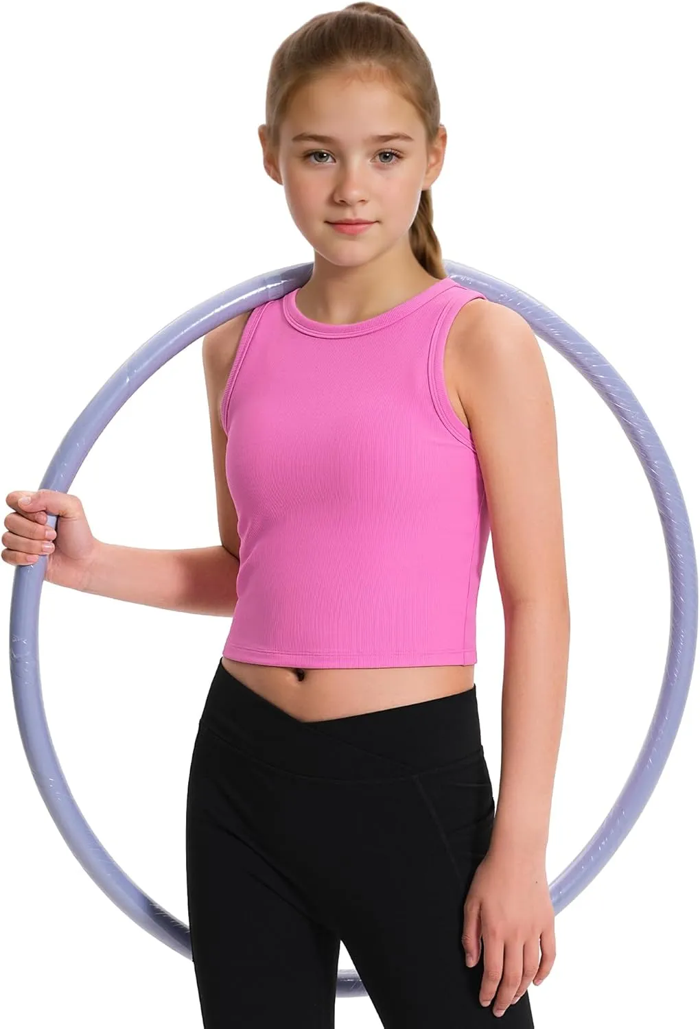 JOCMIC 2 Pack Girls Tank Tops Kids Athletic Tanks Basic Ribbed Knit Crew Neck Cropped Tops for Sports Yoga