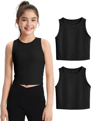 JOCMIC 2 Pack Girls Tank Tops Kids Athletic Tanks Basic Ribbed Knit Crew Neck Cropped Tops for Sports Yoga