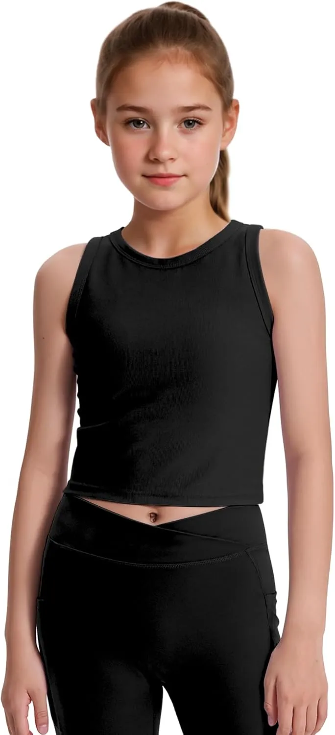 JOCMIC 2 Pack Girls Tank Tops Kids Athletic Tanks Basic Ribbed Knit Crew Neck Cropped Tops for Sports Yoga