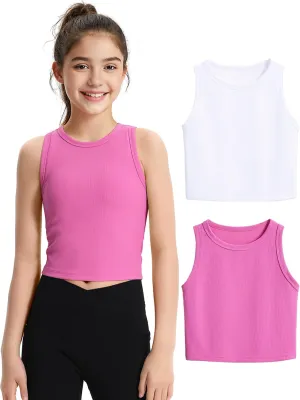 JOCMIC 2 Pack Girls Tank Tops Kids Athletic Tanks Basic Ribbed Knit Crew Neck Cropped Tops for Sports Yoga