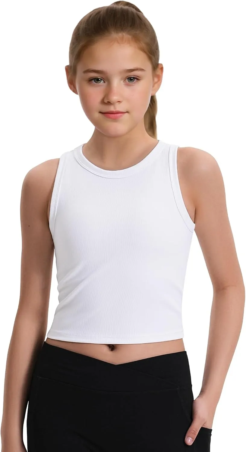 JOCMIC 2 Pack Girls Tank Tops Kids Athletic Tanks Basic Ribbed Knit Crew Neck Cropped Tops for Sports Yoga