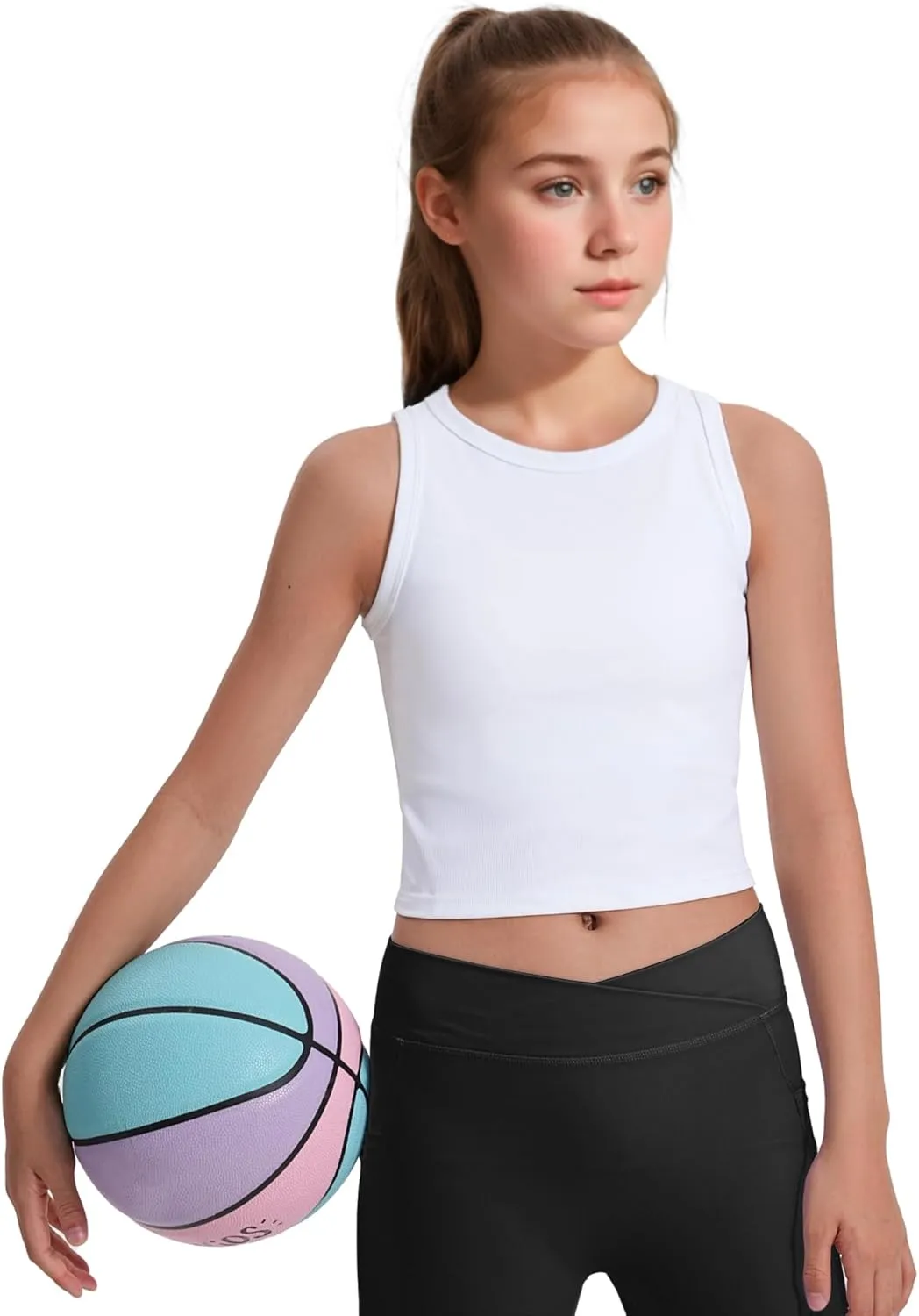 JOCMIC 2 Pack Girls Tank Tops Kids Athletic Tanks Basic Ribbed Knit Crew Neck Cropped Tops for Sports Yoga