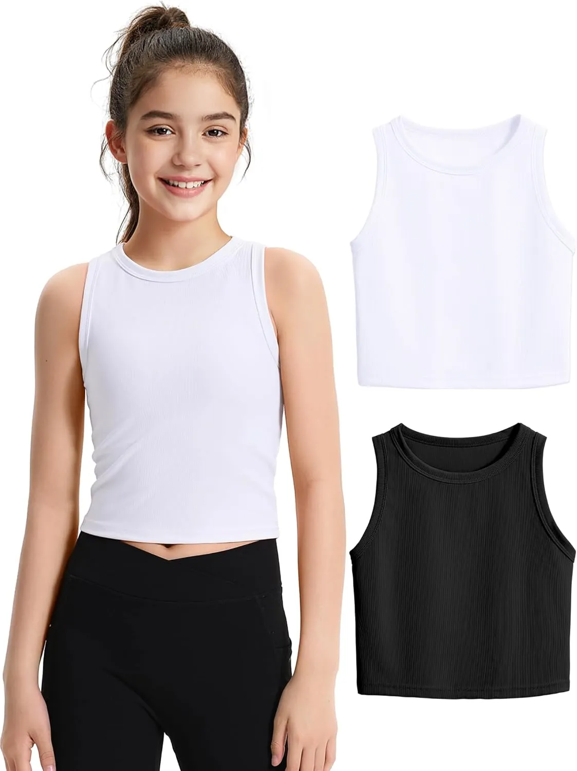 JOCMIC 2 Pack Girls Tank Tops Kids Athletic Tanks Basic Ribbed Knit Crew Neck Cropped Tops for Sports Yoga