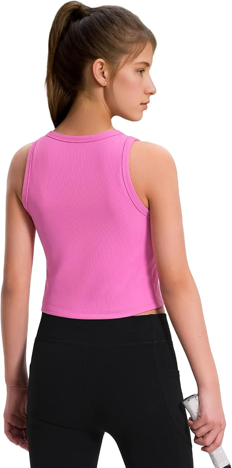 JOCMIC 2 Pack Girls Tank Tops Kids Athletic Tanks Basic Ribbed Knit Crew Neck Cropped Tops for Sports Yoga