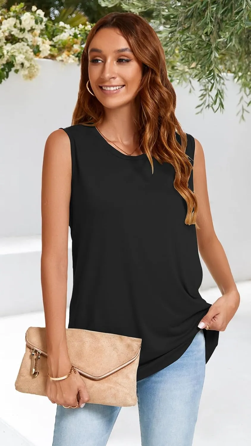 JOELLYUS Womens Tank Tops Summer Casual Crew Neck Sleeveless Top Loose Fit Basic Tunic Shirts