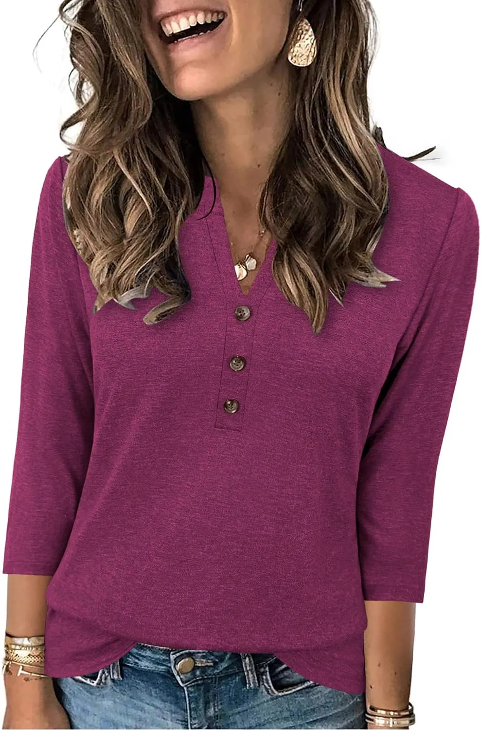 JomeDesign Womens Tops 3/4 Sleeve V Neck Shirts Dressy Casual Tunic Blouses Summer Tees