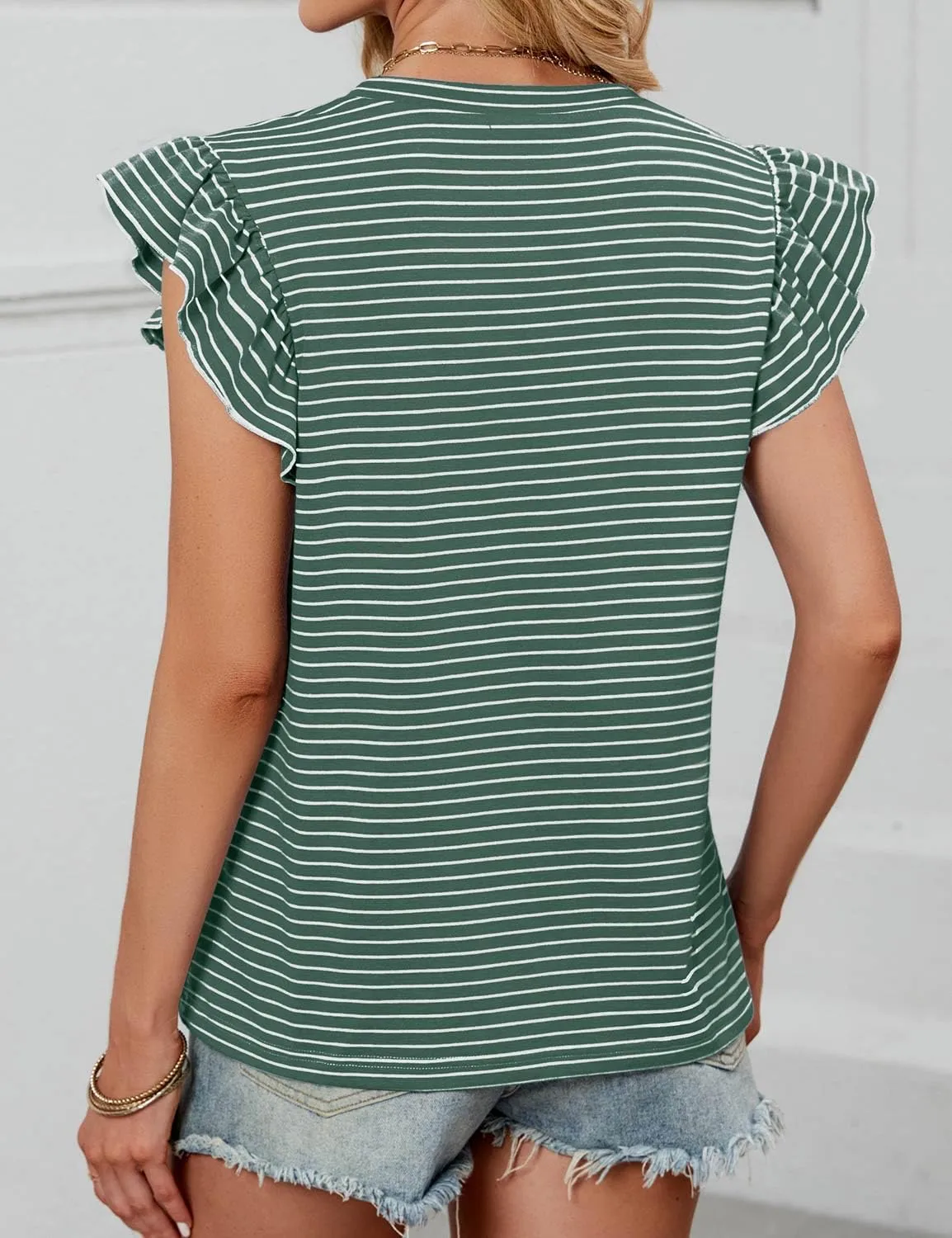 JUSTFASHIONNOW Womens Summer Tops Striped T-Shirts 2025 Ruffle Short Sleeve Crew Neck Casual Blouses with Pocket