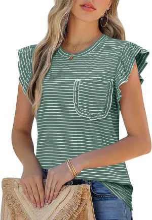 JUSTFASHIONNOW Womens Summer Tops Striped T-Shirts 2025 Ruffle Short Sleeve Crew Neck Casual Blouses with Pocket