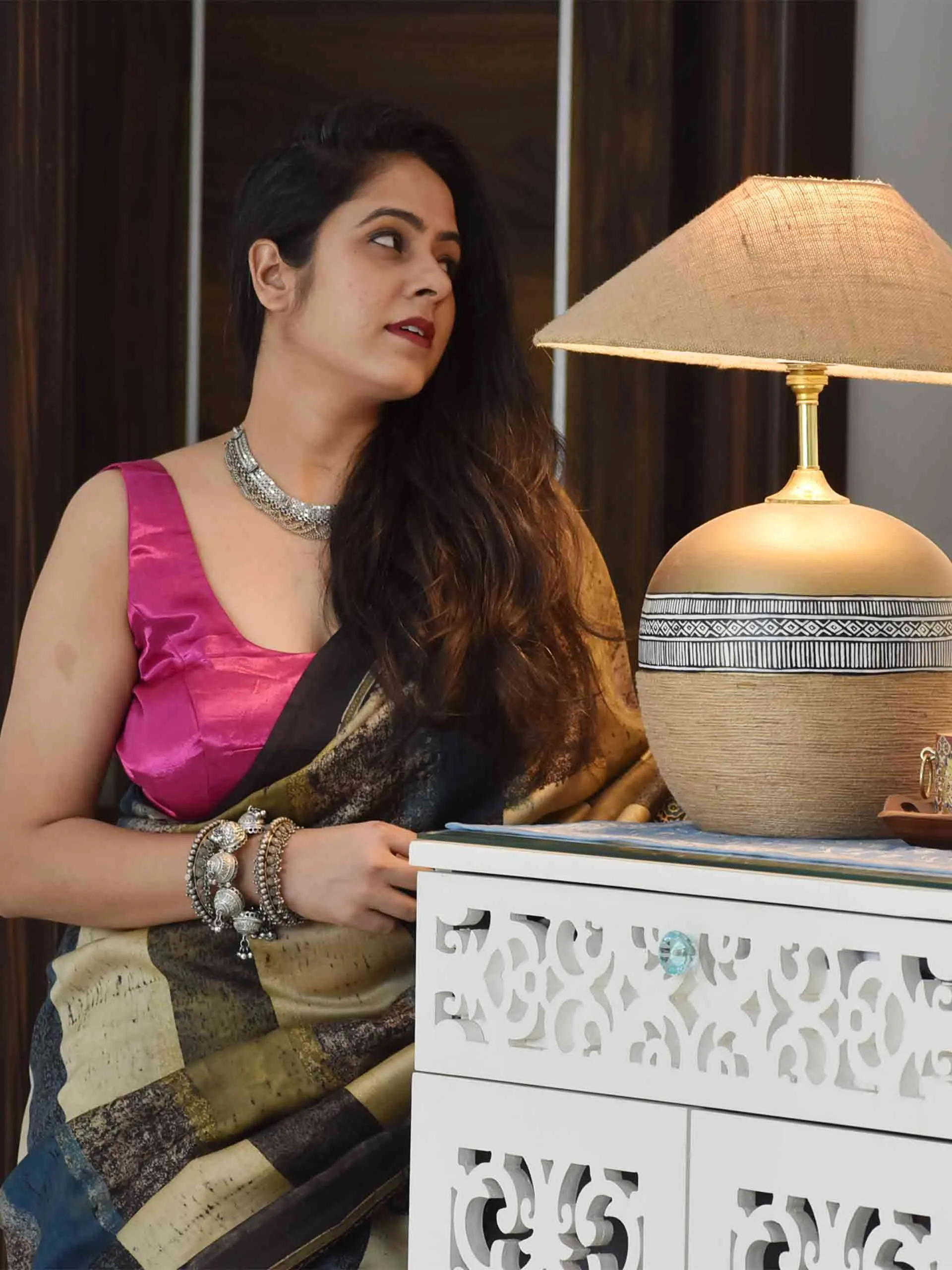 Kala Ajrakh hand block printed Chanderi silk saree