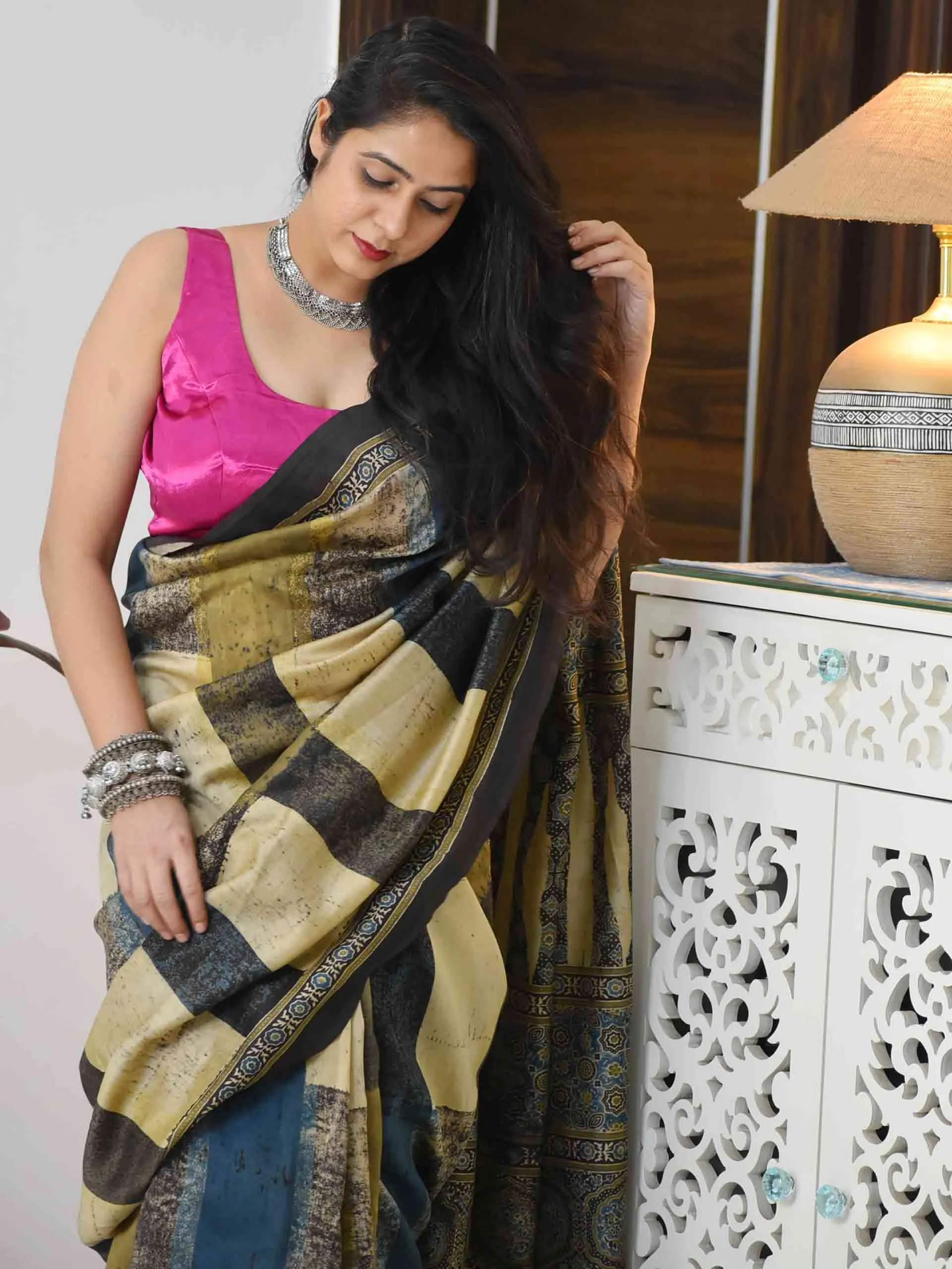 Kala Ajrakh hand block printed Chanderi silk saree