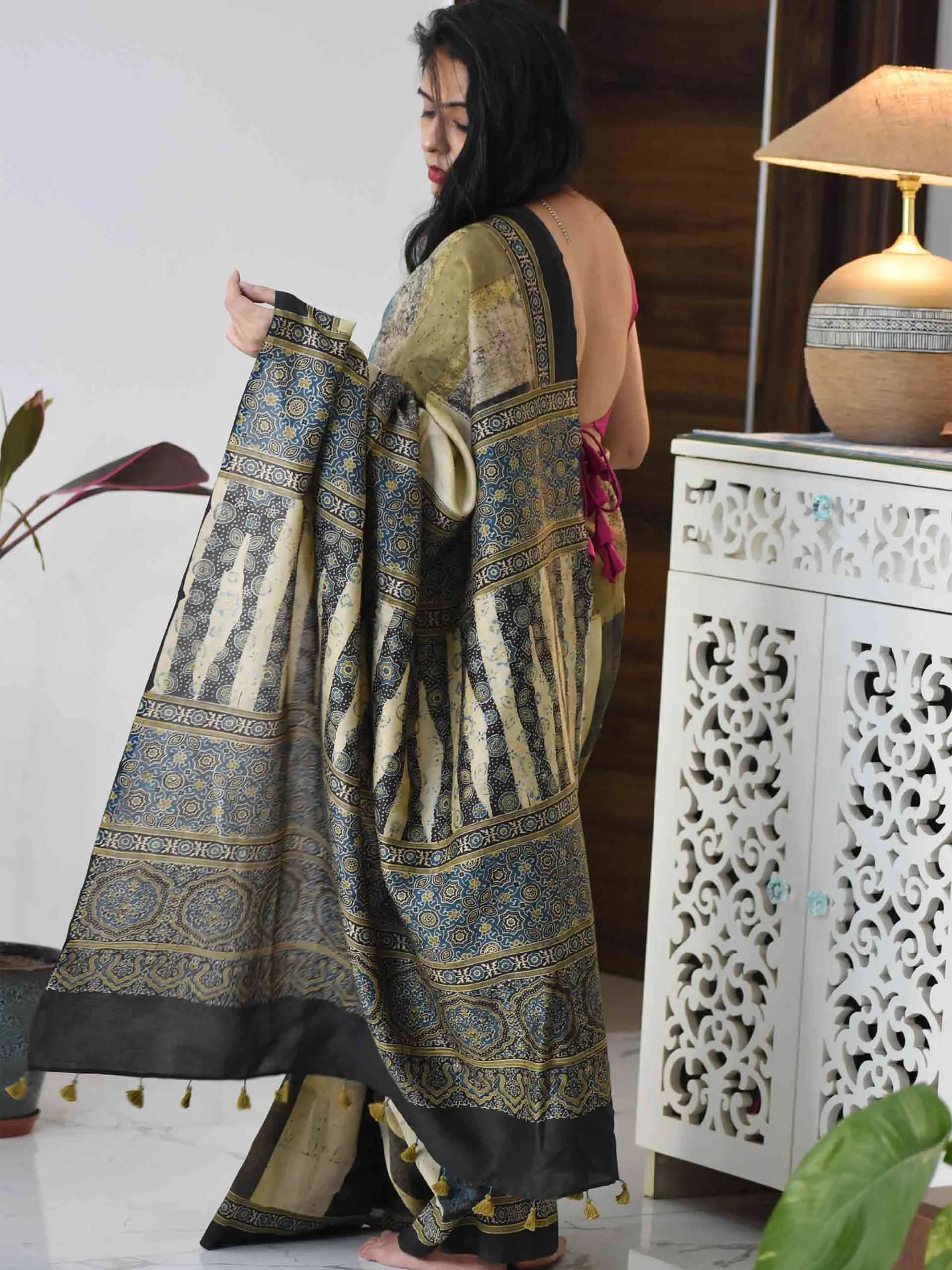 Kala Ajrakh hand block printed Chanderi silk saree