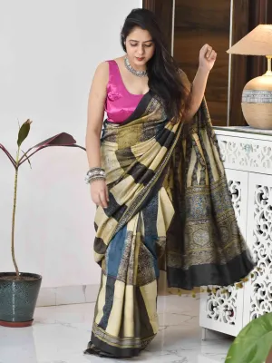 Kala Ajrakh hand block printed Chanderi silk saree