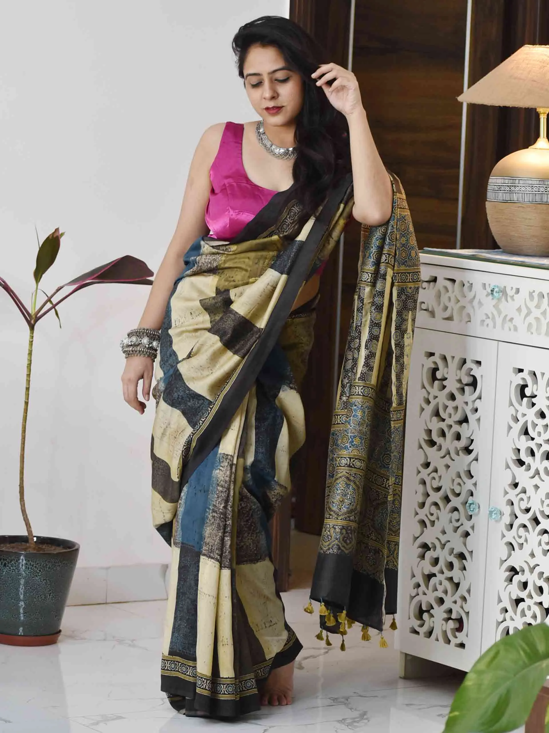 Kala Ajrakh hand block printed Chanderi silk saree
