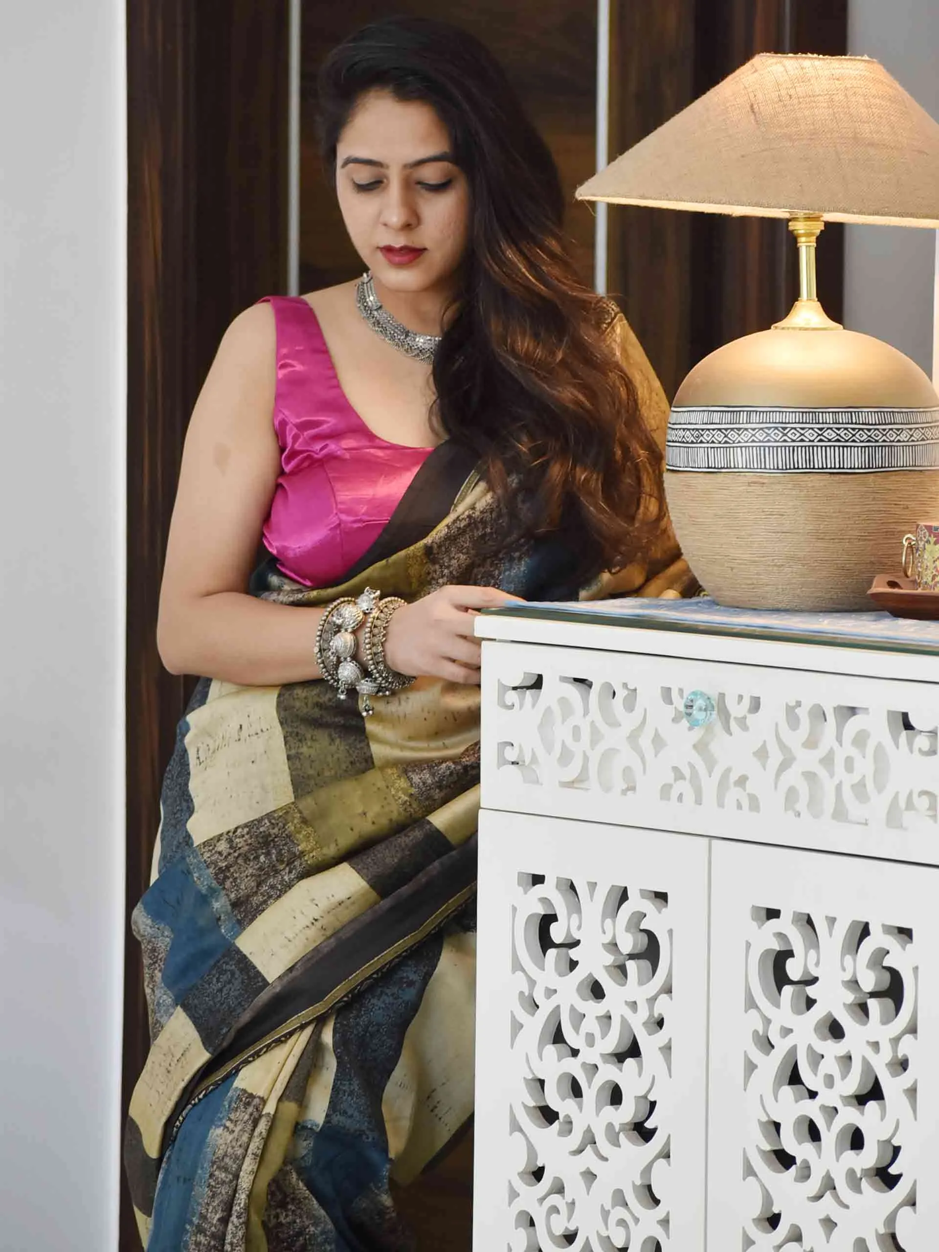 Kala Ajrakh hand block printed Chanderi silk saree