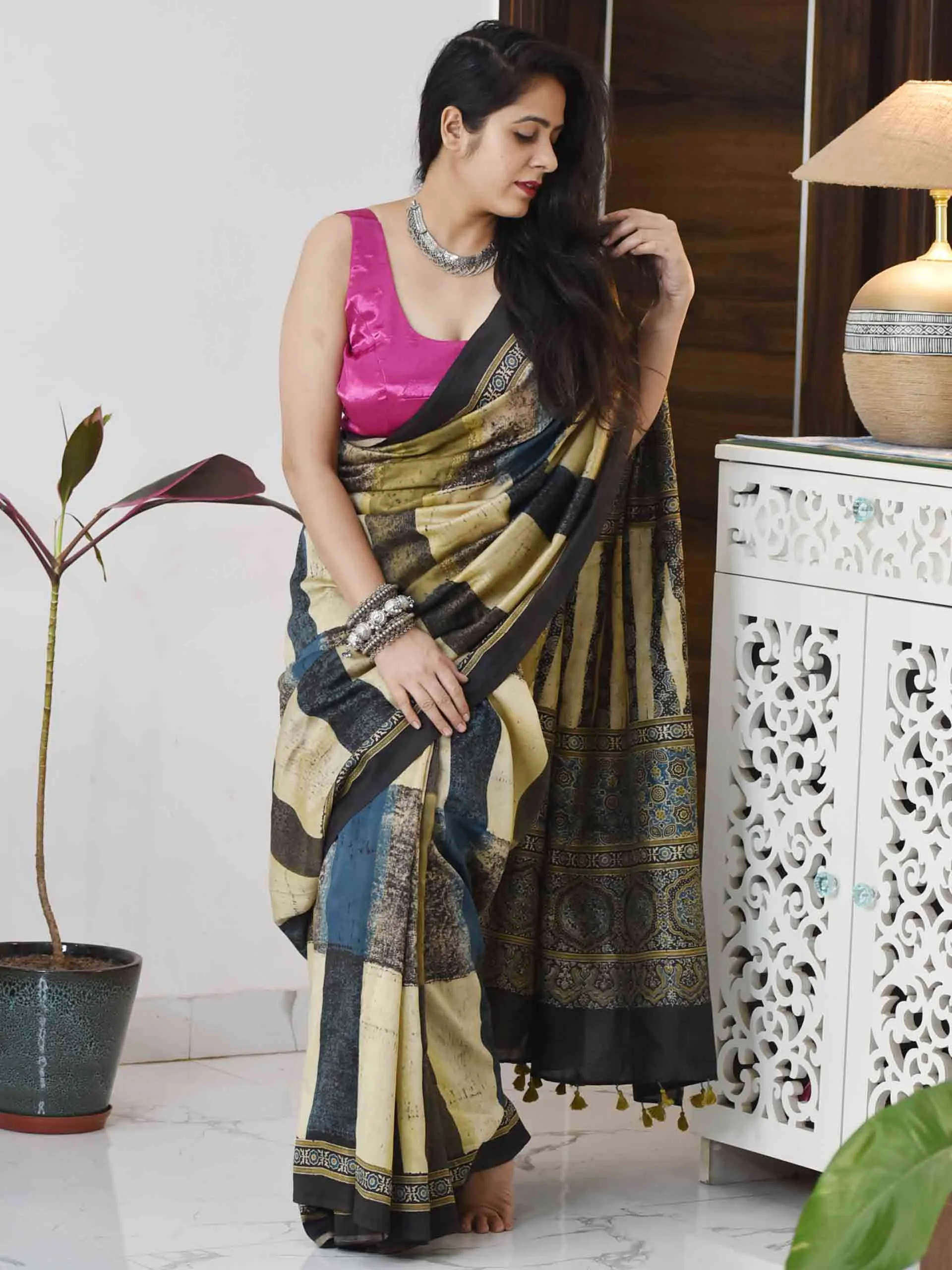 Kala Ajrakh hand block printed Chanderi silk saree