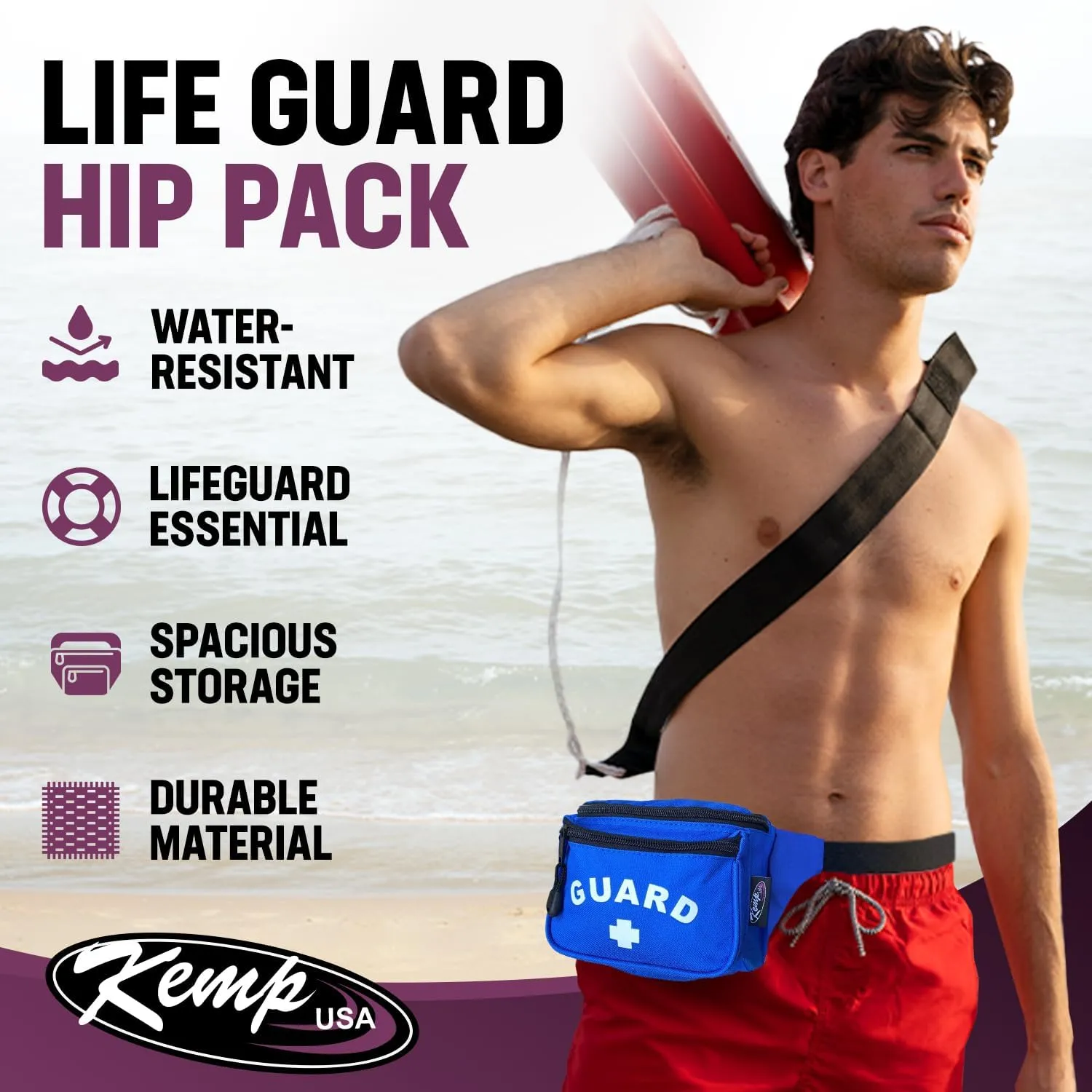 Kemp USA Lifeguard Hip Pack - Water-Resistant Fabric - Compact & Lightweight with GUARD Logo - Adjustable Strap - Multiple Zippered Compartments for Medical lifeguard essentials & Lifeguard supplies