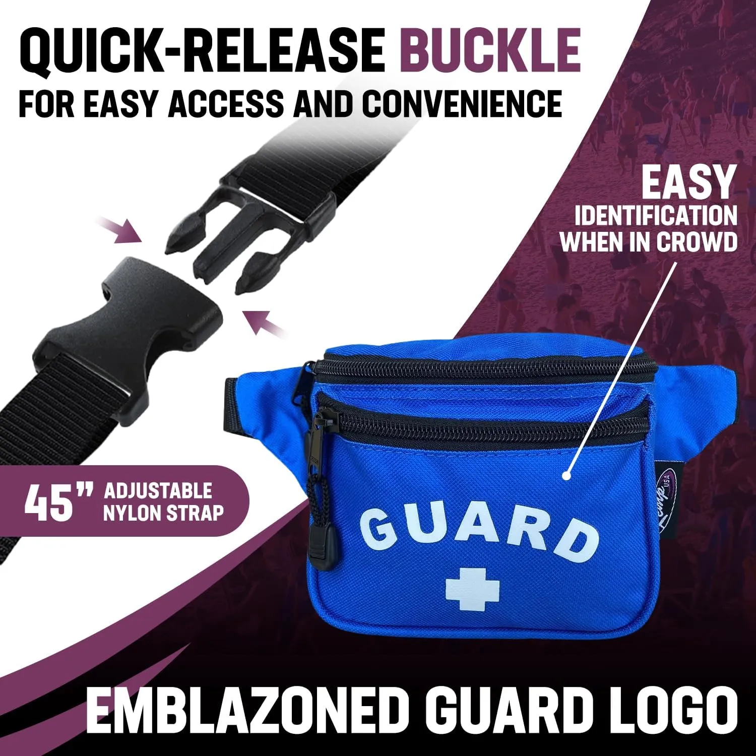 Kemp USA Lifeguard Hip Pack - Water-Resistant Fabric - Compact & Lightweight with GUARD Logo - Adjustable Strap - Multiple Zippered Compartments for Medical lifeguard essentials & Lifeguard supplies