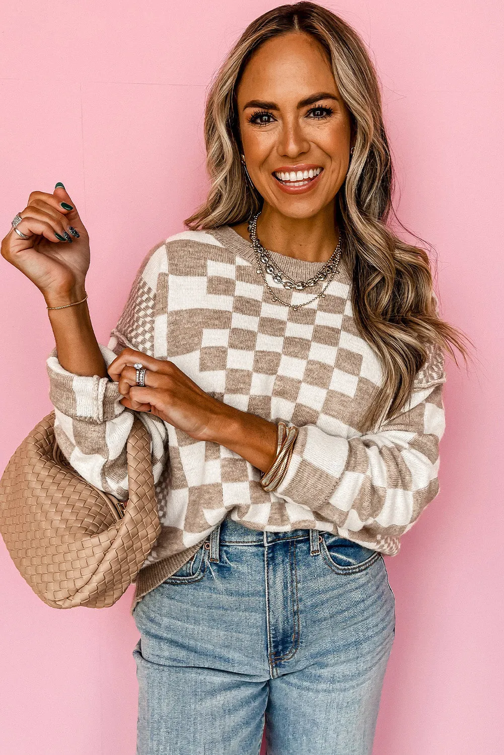 KHAKI CHECKERED DROP SHOULDER SWEATER