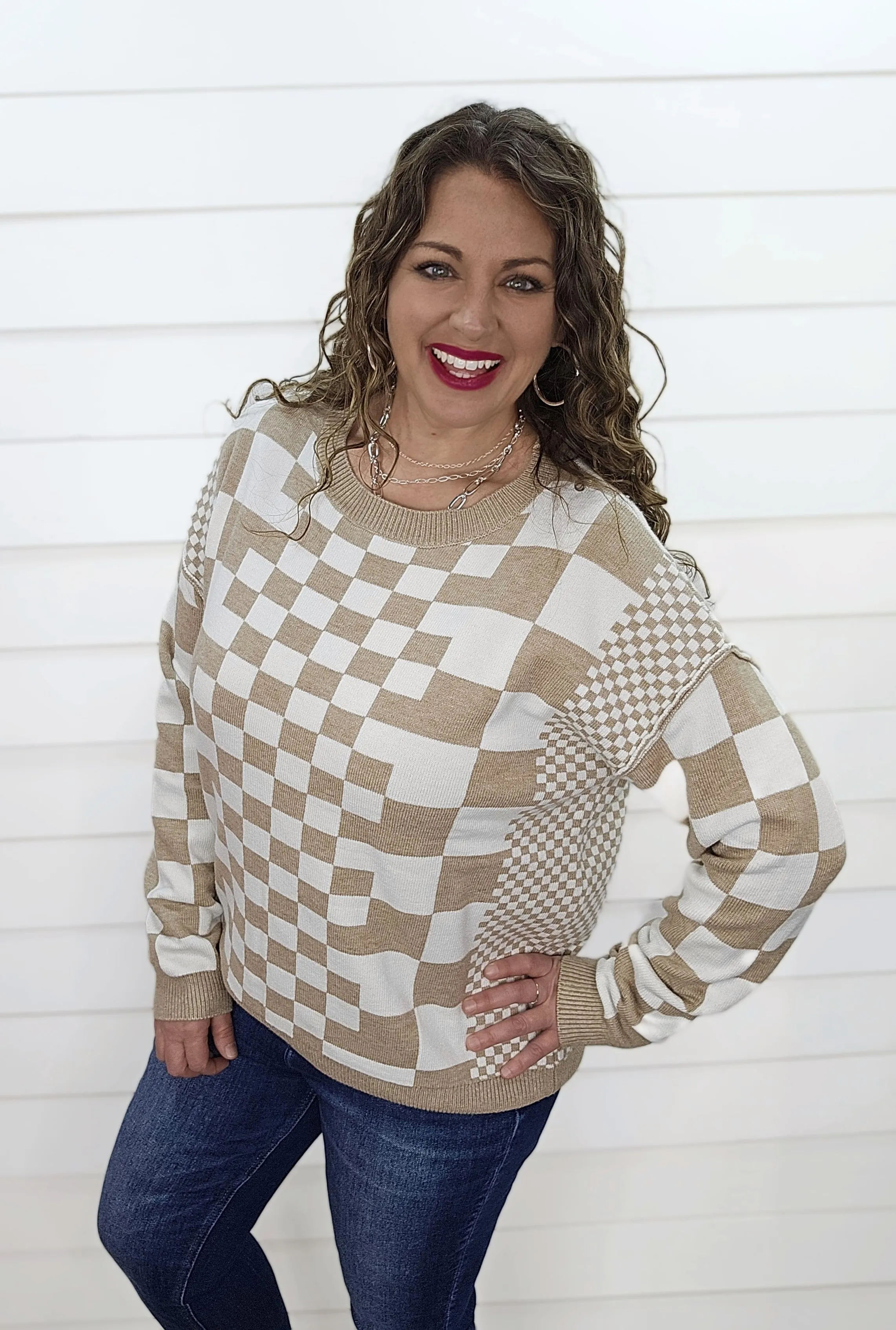 KHAKI CHECKERED DROP SHOULDER SWEATER