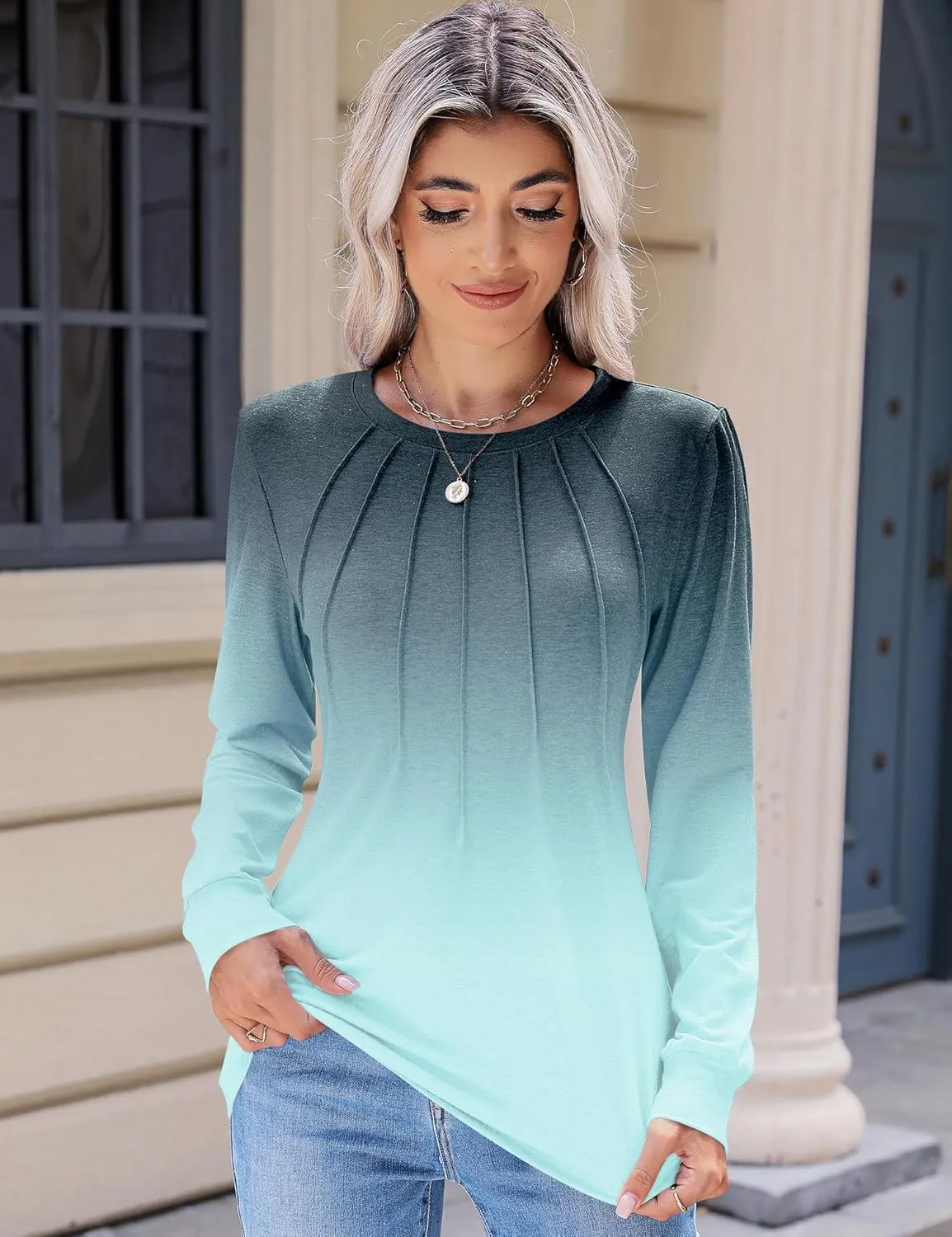 Kistore Womens Long Sleeve Tops Crew Neck Pleated Casual Dressy Blouses T Shirts Fall Clothes 2024