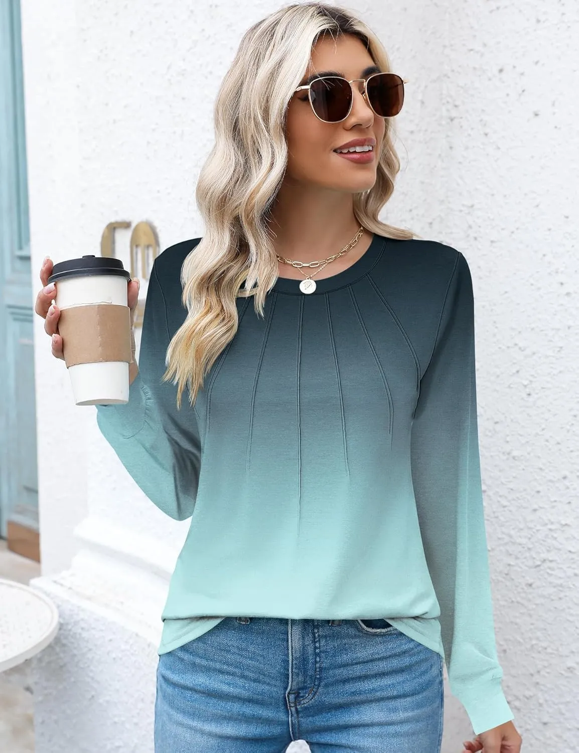 Kistore Womens Long Sleeve Tops Crew Neck Pleated Casual Dressy Blouses T Shirts Fall Clothes 2024