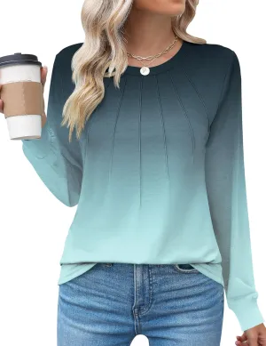 Kistore Womens Long Sleeve Tops Crew Neck Pleated Casual Dressy Blouses T Shirts Fall Clothes 2024