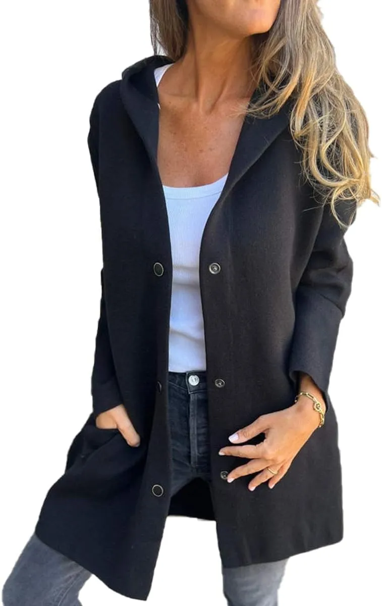 Kubbon Women's Wool Blend Trench Coat Casual Single Breasted Hooded Jacket Lightweight Lapel Long Sleeve Overcoat with Pocket