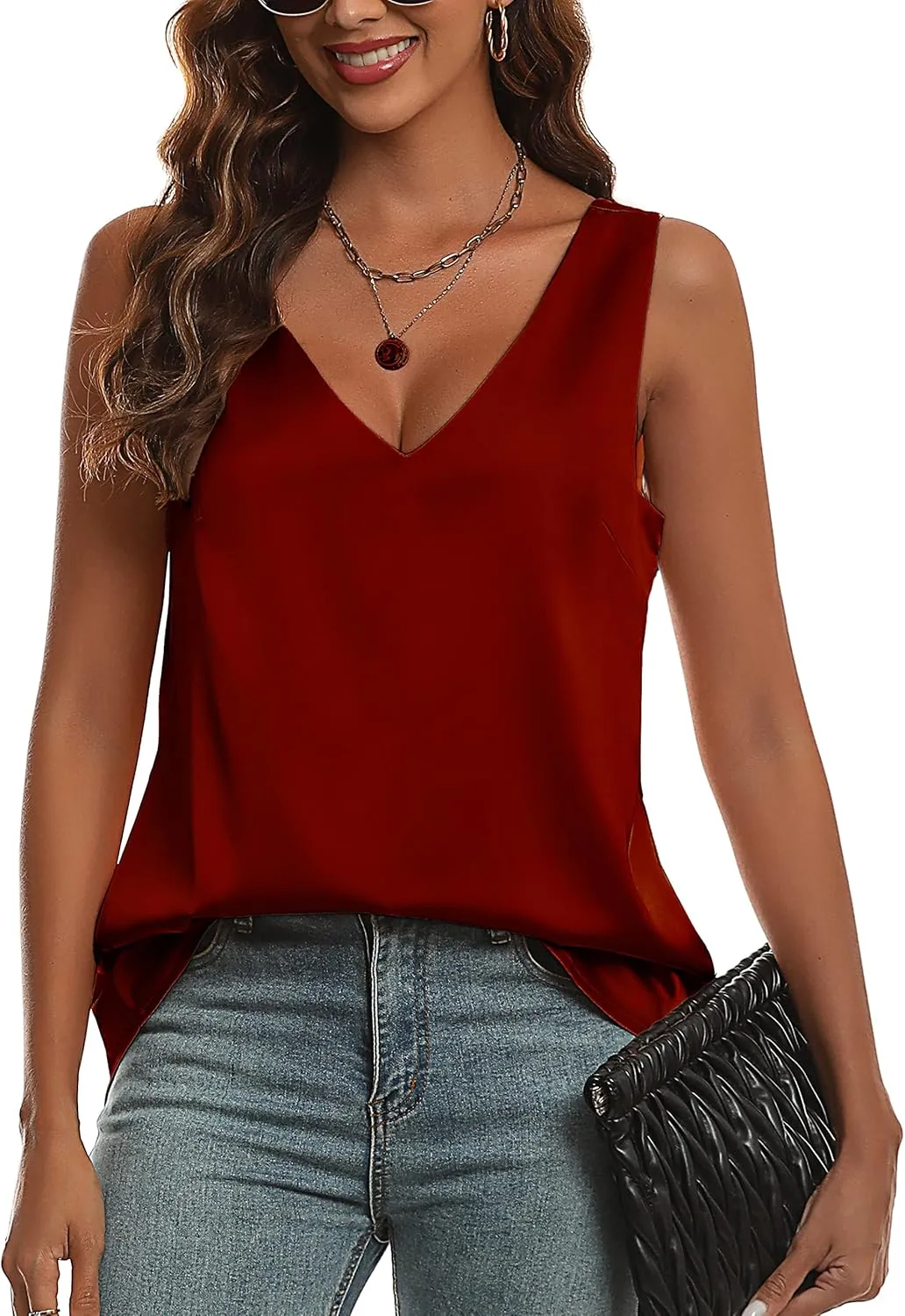 KYLELOVE Womens Satin Tank Tops Double Layer Sleeveless Blouses V Neck Camisoles Work Shirts
