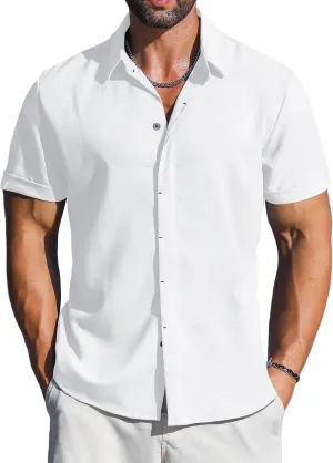 LETSEE Men's Linen Shirts Short Sleeve Button Down Casual Dress Shirts for Men Beach Vacation Shirt Fashion Summer Clothes