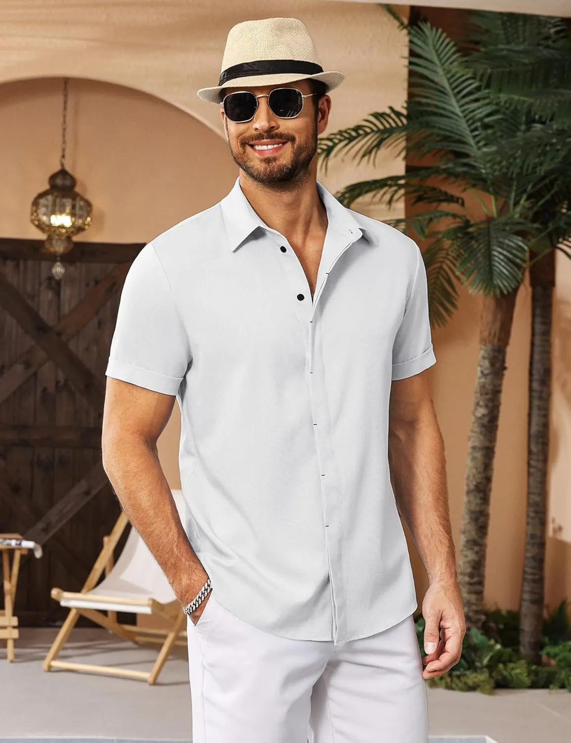 LETSEE Men's Linen Shirts Short Sleeve Button Down Casual Dress Shirts for Men Beach Vacation Shirt Fashion Summer Clothes