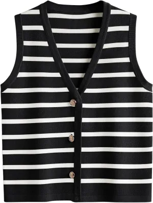 LILLUSORY Summer Vest Tops for Women 2025 Striped Sweater Vests Vacation Button Up Outfits Spring Shirts Blouses Clothes