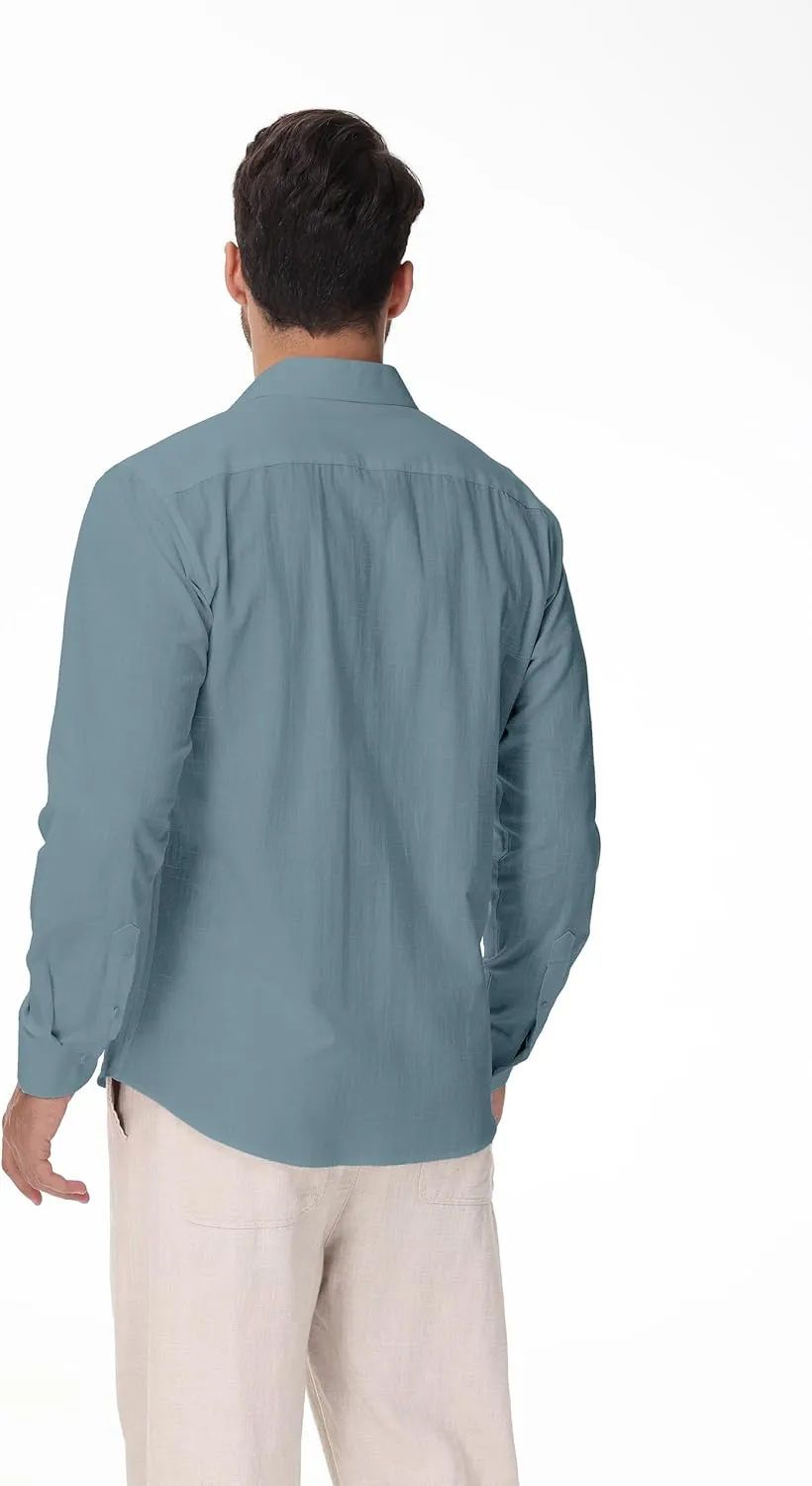 Linen Shirts for Men Casual Button Down Long Sleeve Shirt Solid Summer Beach Hawaiian Shirts